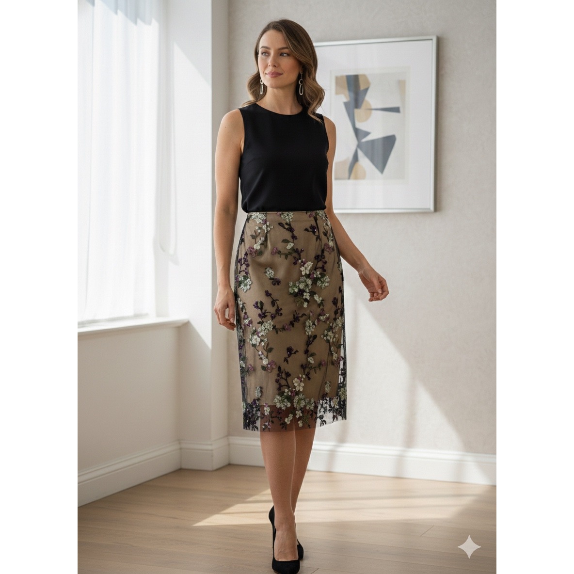 Vince Begonia Sequin Mesh Overlay Midi Pencil Skirt Embroidered Sz 8